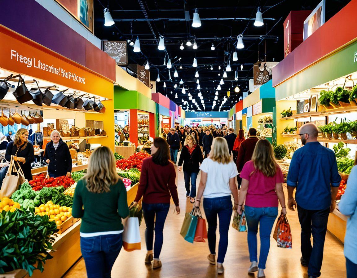 A vibrant marketplace filled with joyful shoppers exploring a colorful array of curated items. Include happy faces, engaging product displays, and an inviting atmosphere, showcasing a sense of discovery and satisfaction. Emphasize warm lighting and a diverse range of products that symbolize happiness. super-realistic. vibrant colors. 3D.