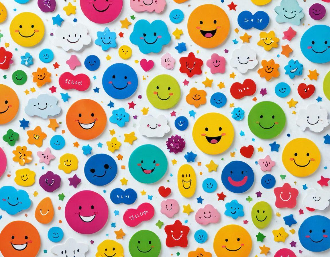 A vibrant digital catalogue spread open, showcasing a variety of colorful products with delightful smiles emanating from each item. Background filled with floating icons representing satisfaction like thumbs up, stars, and happy faces. Incorporate a soft glow effect to emphasize the warmth and pleasure of discovery. The design should evoke a sense of joy and exploration. super-realistic. vibrant colors. white background.