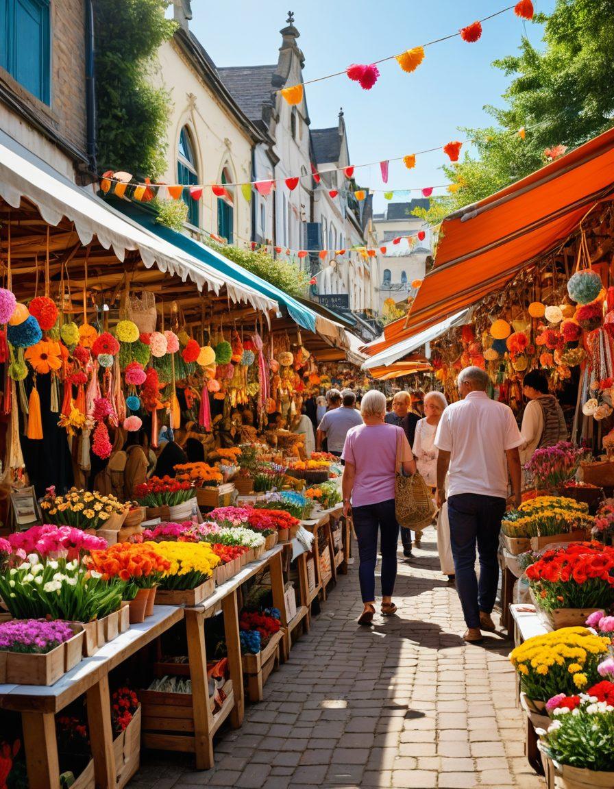A vibrant market scene filled with colorful stalls showcasing unique items and treasures, with shoppers smiling and engaging with friendly vendors. Incorporate elements like artfully displayed handcrafted goods, cheerful decorations, and bright flowers to create a lively atmosphere. The perspective should invite viewers into the scene, evoking a sense of joy and excitement in shopping. Bright and cheerful color palette. super-realistic. vibrant colors.